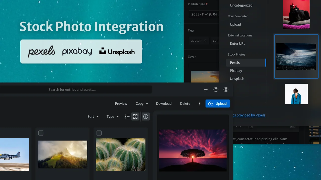 Stock photo integration: Pexels, Pixabay, Unsplash