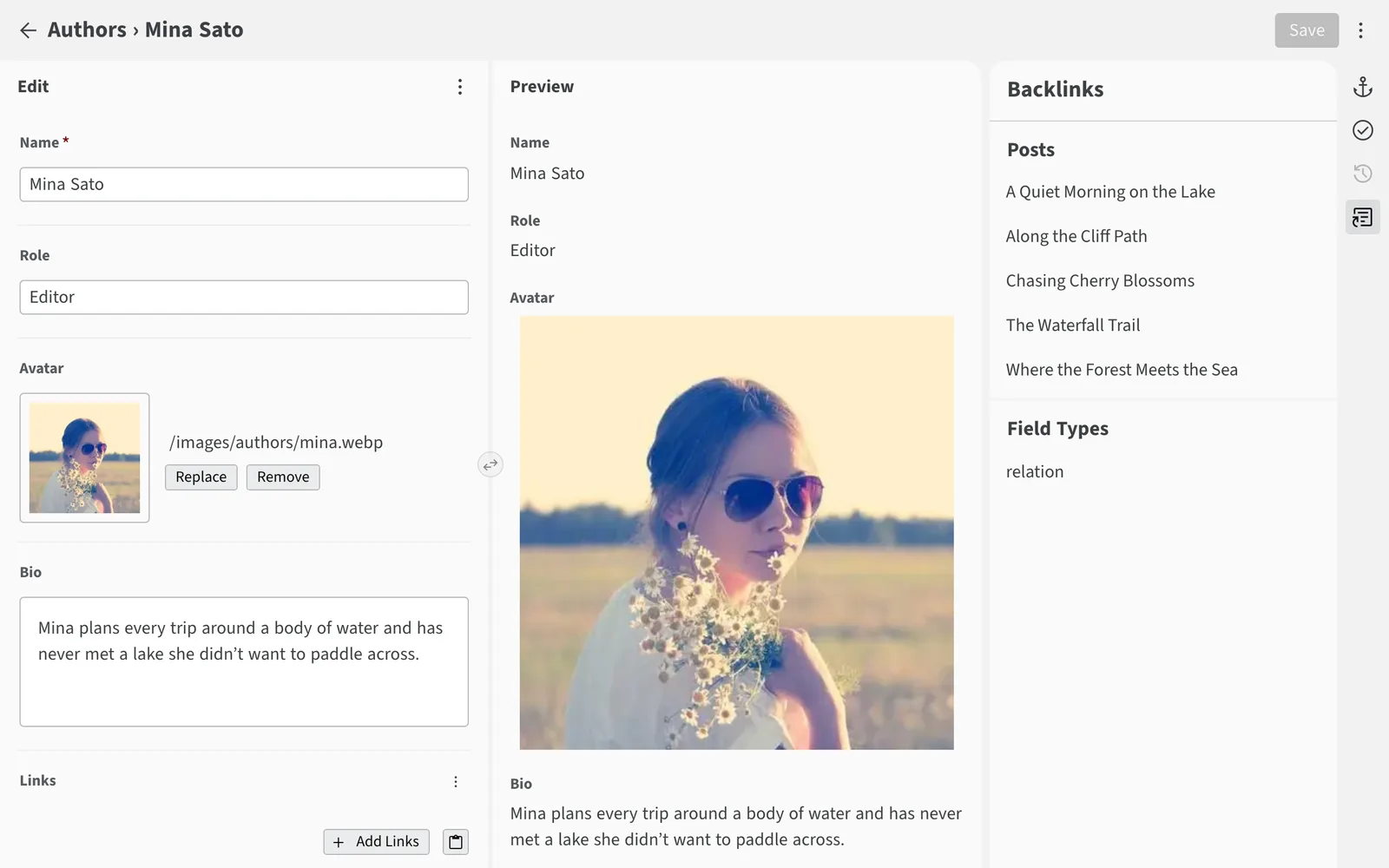 An author entry with the Backlinks panel listing the five posts that reference her