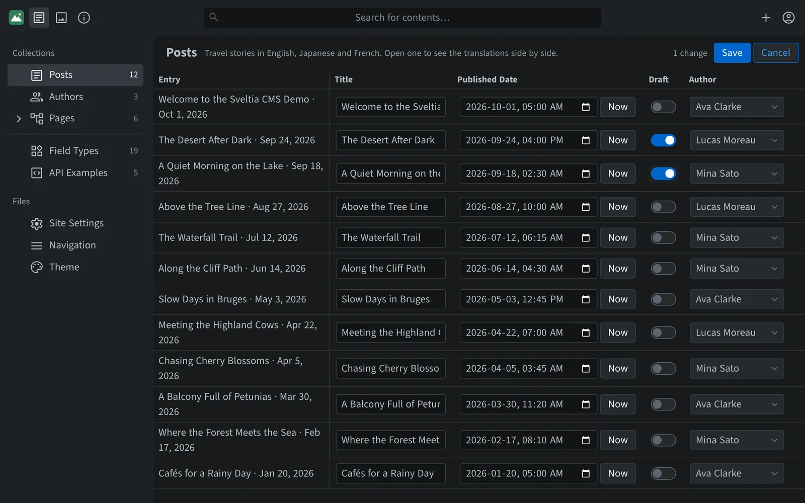 A table of blog posts with editable titles, dates, draft switches and authors, showing one unsaved change