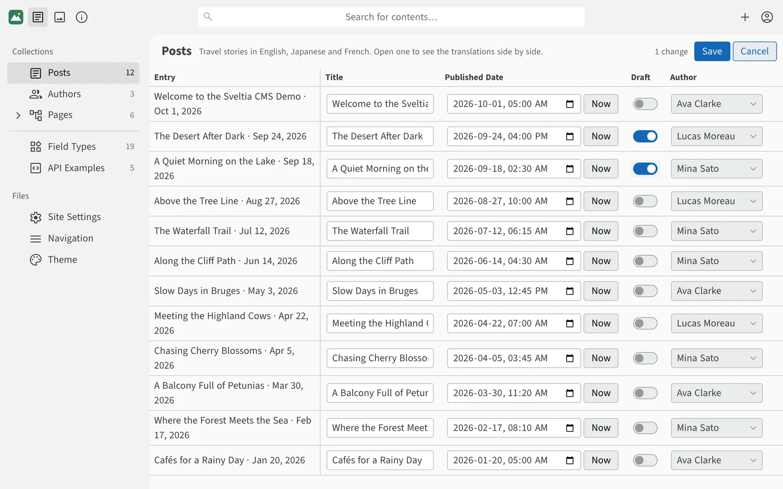 A table of blog posts with editable titles, dates, draft switches and authors, showing one unsaved change