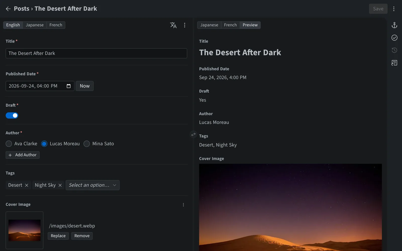 The Sveltia CMS content editor with English, Japanese and French locale tabs and a live preview