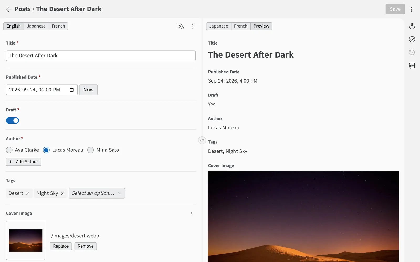 The Sveltia CMS content editor with English, Japanese and French locale tabs and a live preview