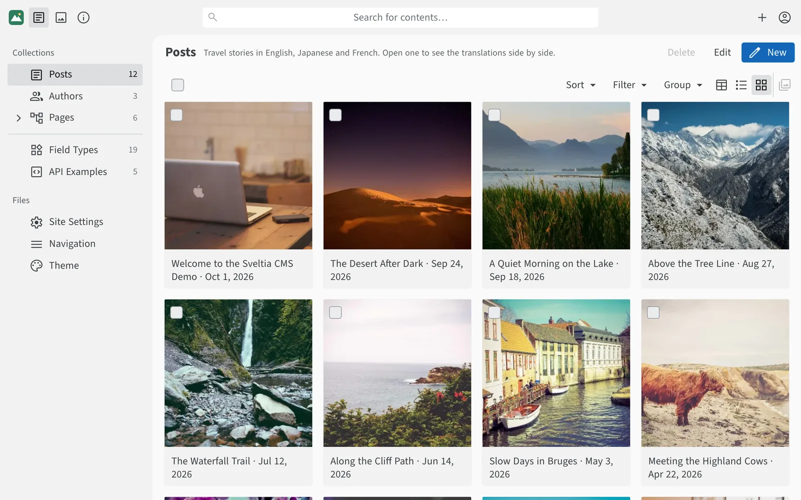 Blog posts shown as a grid of photo cards with titles and dates