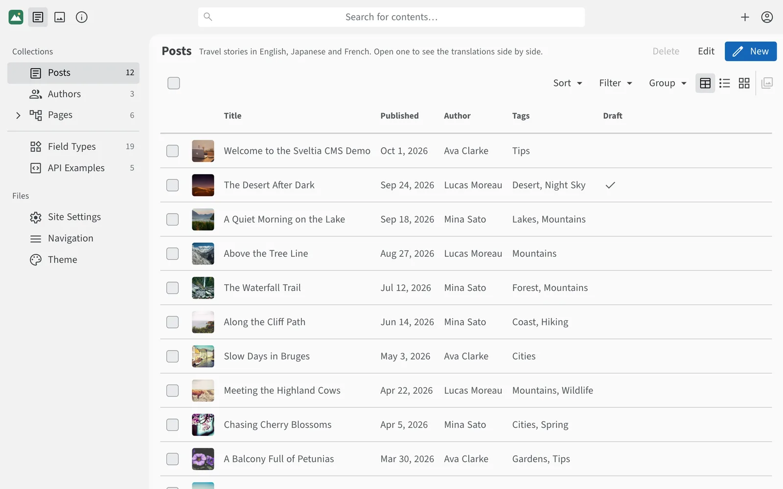 A list of blog posts with thumbnails, publish dates, authors and tags