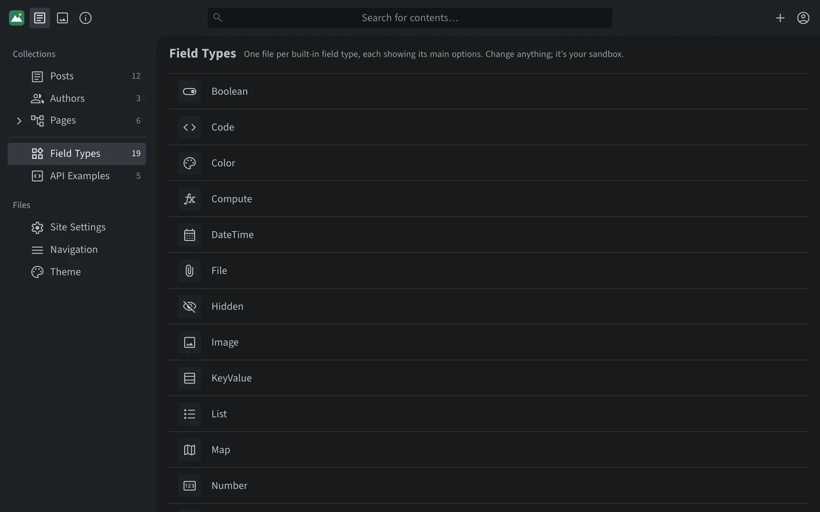 A list of built-in field types including Boolean, Code, Color, DateTime, Image, List and Map