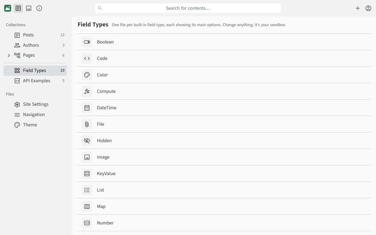 A list of built-in field types including Boolean, Code, Color, DateTime, Image, List and Map