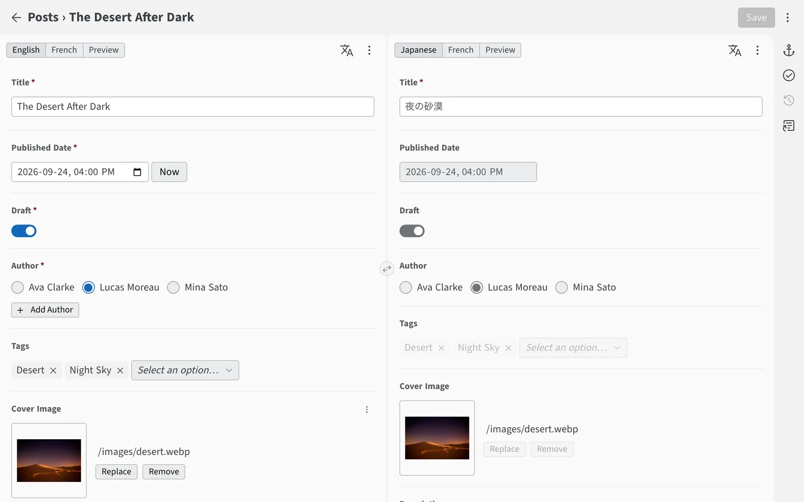 A blog post edited in English and Japanese side by side