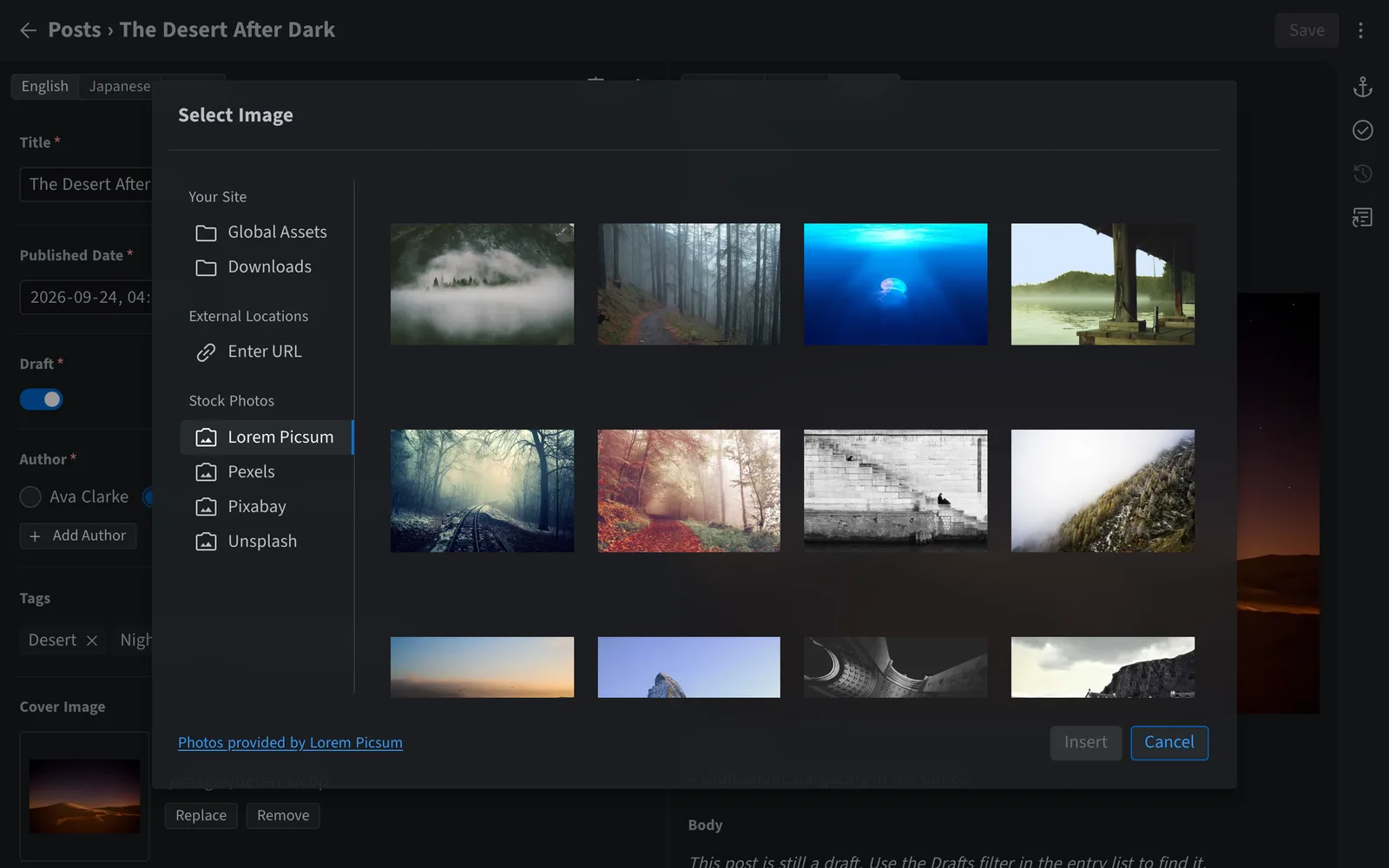 The image picker with Lorem Picsum, Pexels, Pixabay and Unsplash stock photo sources