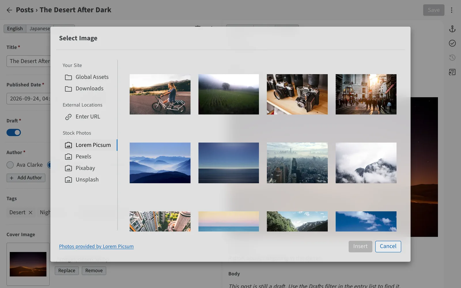 The image picker with Lorem Picsum, Pexels, Pixabay and Unsplash stock photo sources