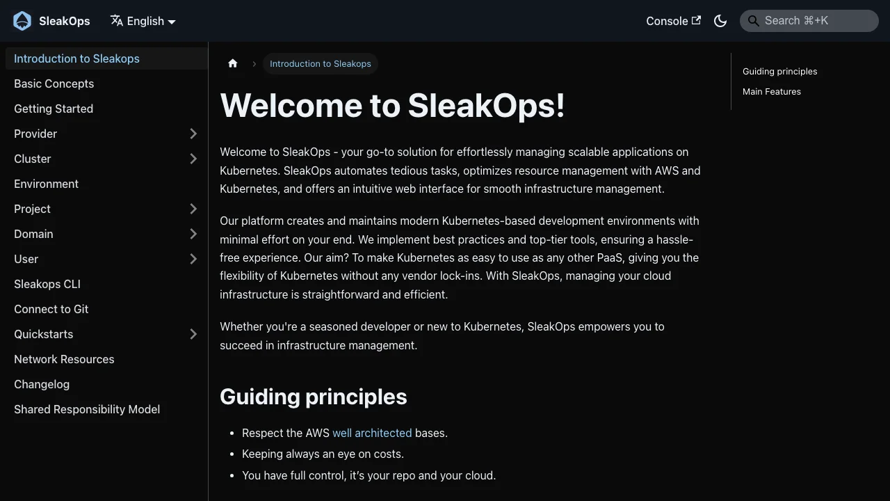 Screenshot of SleakOps Documentation